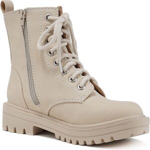 Fallon Combat Boots Beige by‎ Soda Ankle Bootie Lace up with Side Zipper